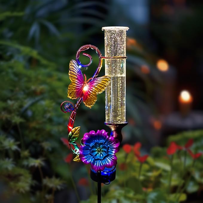 Butterfly Rain Gauge Outdoor, Solar Rain Gauge with Metal Stake, 7 Inch Tube Decorative Color Lights Rain Measure Gauge for Patio, Lawn, Garden