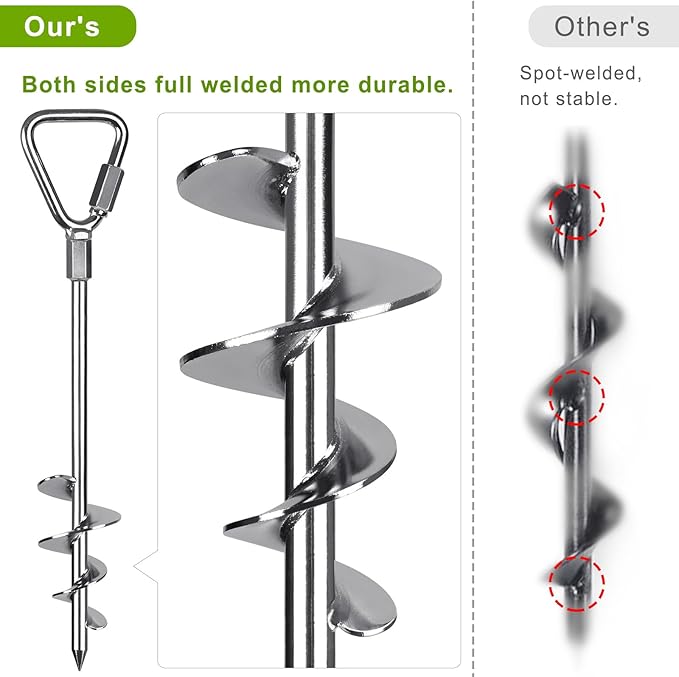 17" Heavy Duty Ground Anchors Screw in - 4 Pack Chrome Plated with Reinforced Triangle Bracket for Trampoline, Swing Set, Shed, Mobile Home, Carport - High Wind Resistance for All Soil Types