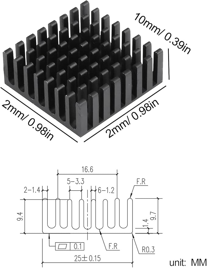 6pcs Small Aluminum Heatsink 25x25x10mm / 0.98x0.98x0.39inch Heat Sink Cooler Radiator with Thermal Conductive Double Sided Tape Cooling for ASUS ROG Ally GPU IC Chips (25mmx25mmx10mm, Black)