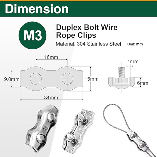 10 Pack Wire Rope Clips for 1.5-3mm Cable, M3 Stainless Steel Double Rope Clamp with Washers and Wrench