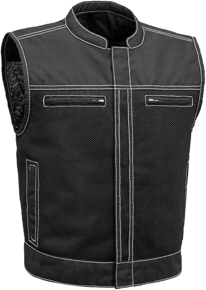 First Mfg Co Lowrider Mens Motorcycle Biker Riding Armor Club Style Black Leather, Twill, Moto Mesh, Perforated Vest