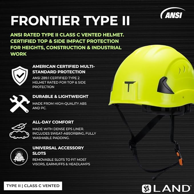 Land Helmets Frontier Type 2 Class C Vented Safety Helmet - ANSI/ISEA Z89.1 Type II OSHA Compliant Hard Hat. Used in Construction, Arbor, and Industrial Work.