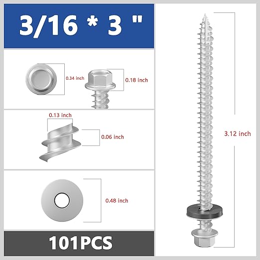 # 3/16 * 3 "101PCS 2lbs Gray hex Metal Sheet roof Screws, with Anti Rust Coating, # 10 * 3, with EPDM Washer and hex self Tapping, Used for Metal to Wood, Corrugated Roofs. 5 * 75mm