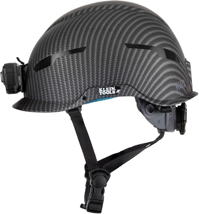 Klein Tools 60515 Safety Helmet, Non-Vented Class E with Rechargeable Lamp and Chin Strap, Premium KARBN Pattern, Tested up to 20kV