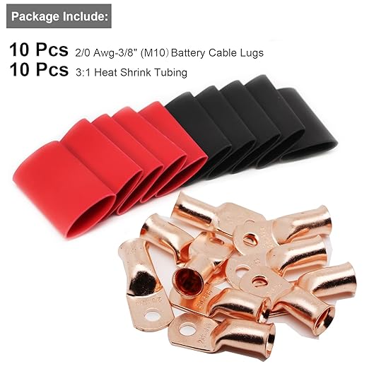 TKDMR 10pcs 2/0 AWG-3/8 Battery Lugs,Heavy Duty Wire Lugs,Ring Terminals,Battery Cable Ends,0 Guage terminals,Battery Terminal Connectors with 10pcs 3:1 Heat Shrink Tubing