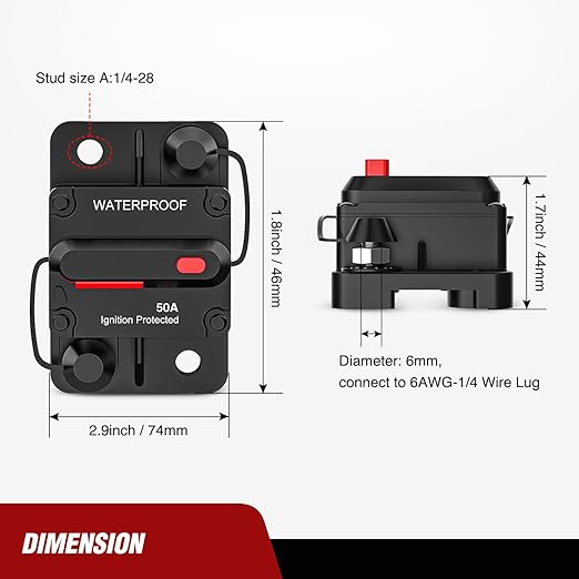 Nilight 50A Circuit Breaker Resettable 12-48V DC Manual Reset w/Copper Wire Lugs Surface Mount Overload Protection for Car Audio Sound Amplifier System RV Marine Boat Truck, 2 Years Warranty
