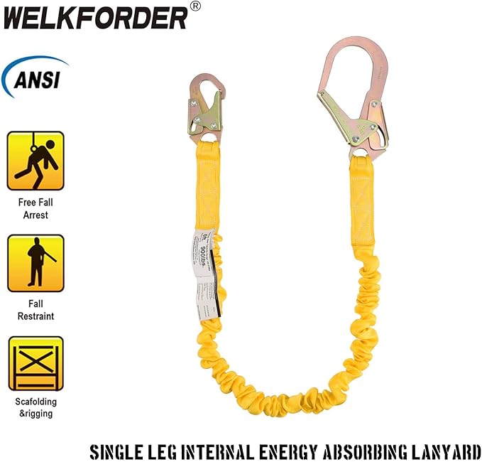 Single Leg 6-Foot Fall Protection Internal Shock Absorbing Stretchable Safety Lanyard with Snap & Rebar Hook Connectors CSA＆ANSI Compliant