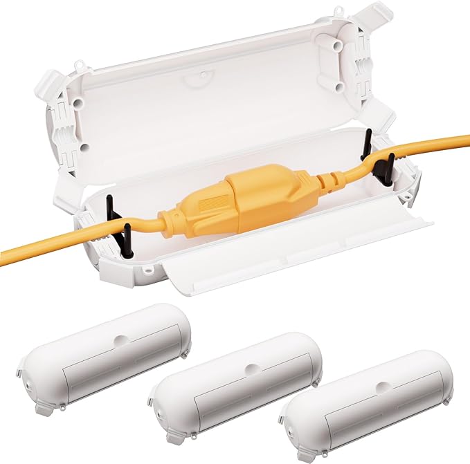4 Pack of RESTMO Compact Outdoor Extension Cord Cover, IP44 Waterproof Box and Safety Housing Case, Ideal to Protect Outdoor Plugs, Electrical Connections, Holiday Decoration Lights, Size Small, White