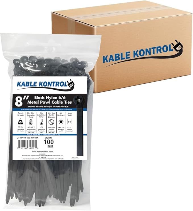Kable Kontrol Cable Ties with Metal Tooth Bulk Pack, 8 Inch 5,500 Pcs, 120 Lbs Tensile Strength, Metal Pawl, Stainless Steel Toothed Self-Locking Device, UV Resistant Steel Barb Zip Ties - Black