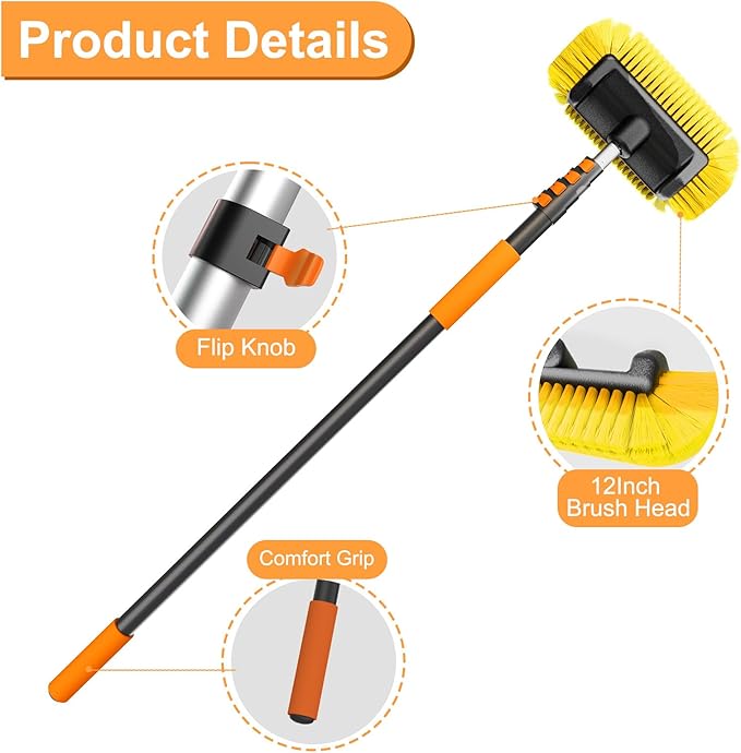Car Wash Brush, 12FT Telescopic Car Wash Brush with Long Handle, 12-Inch Soft Bristle Car Cleaning Brush for Cleaning Car, RV, Truck, Boat, Solar Panels