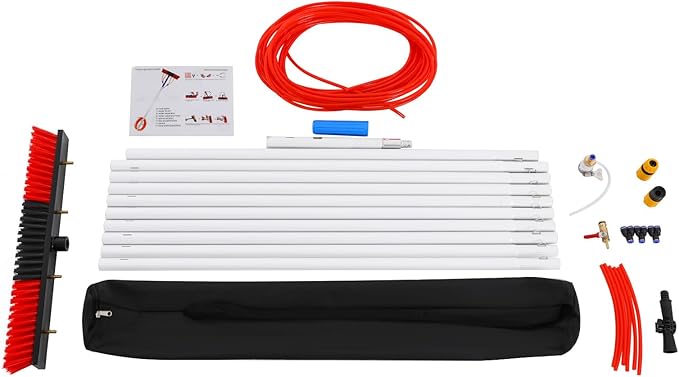 30FT Reach Solar Panel Cleaning Brush Kit, Adjustable Pole Window Cleaning Brush with 180° Rotating Head, 65.6FT Hose Window Washer Tool for Roof, RV, Truck, Car (30ft 21.65x3.15in)