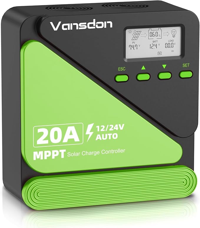 20A Solar Charge Controller 12V/24V MPPT Solar Charge Controller, Adjustable LCD with Timer, Dual USB Ports, for RV, Boat, Cabin, Off-Grid Systems, Compatible with FLD/LiFePO4/SLD/GEL/AGM