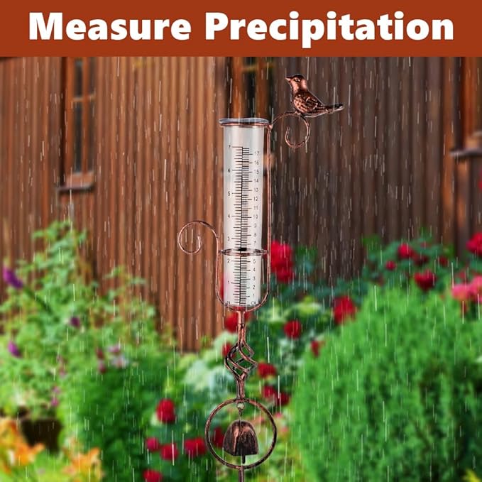 Rain Gauge Outdoor, Hummingbird Rain Gauge, 7 Inch Tube Decorative Rain Measure Gauge, Metal Rain Measure Tool with Bell for Garden, Lawn, Patio