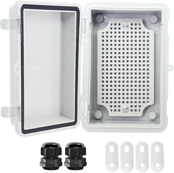 Junction Box, Hinged Cover IP67 Waterproof ABS Project Box with 2 NPT 1/2" Cable Gland, Electrical Box Enclosure with Mounting Plate & Wall Bracket 5.9 x 3.9 x 2.8inch(150x100x70mm)