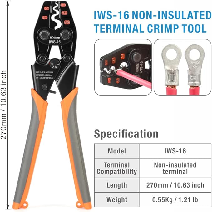 iCrimp Non Insulated Terminal Crimper, AWG 22-6 Ratchet Wire Crimper Tool for Battery Cable Terminal, Copper Butt Connector, Splice Wire Connectors