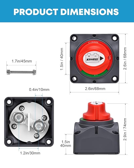 Kohree Battery Disconnect Switch 12V, 12V-48V Battery Shut Off Kill Isolator- Waterproof Marine Cut Off Switch for RV, ATV, Car, Marine, Boat, with 4 Mounting Bolts, 275 Amps, On/Off