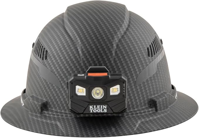 Klein Tools 60347 Hard Hat, Vented Full Brim, Class C, Premium KARBN Pattern, Rechargeable Lamp, Padded Sweat-Wicking Sweatband, Top Pad