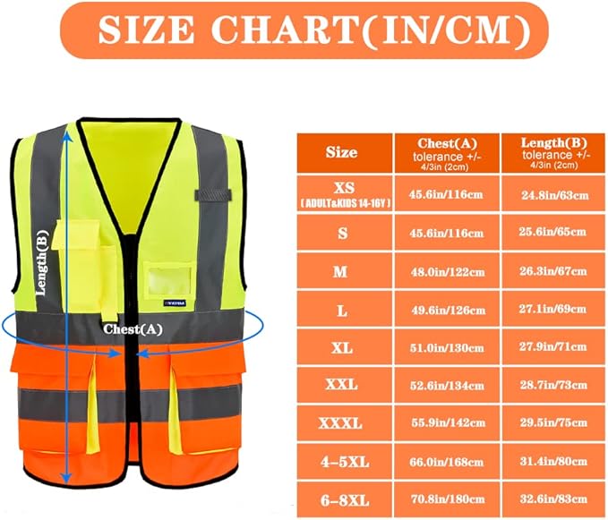 Big and tll Safety Vest with Reflective Strips and Zipper, Yellow&Orange Color Mixed 6XL-8XL