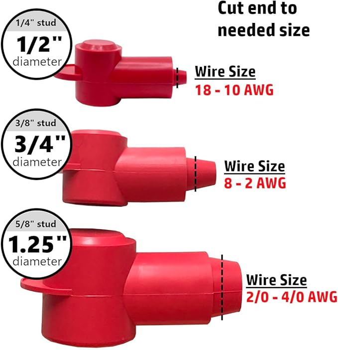 MGI SpeedWare 1/2" Diameter Boot Covers for Battery Power Junction Blocks, Fits 1/4" Stud and Nut, Made in the USA, Red + Black Pair (18-10ga)