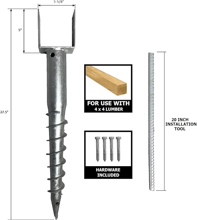 Ashman Ground Screw (4 Pack), No Dig, U-Model Screw in Post Stake - 27" Inch Long, Fits Standard 4x4 (3.5" X 3.5" Inch) Great for Mailbox Posts.