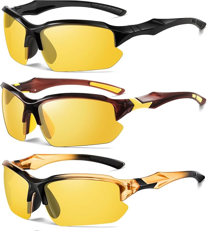 3PACK Polarized Night Vision Glasses for Men Driving Cycling Sport Night Anti Glare Yellow Lens Glasses Lightweight Frame