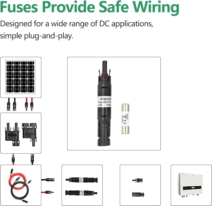 15A Solar in-line Fuse Holder, IP68 1000V for Solar Panel and Inverter in Photovoltaic System, Male and Female Connector with 1 Fuse
