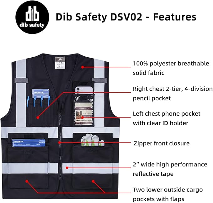 Dib Safety Reflective Vest ANSI Class 2, High Visibility Vest with Pockets and Zipper, Construction Work, Hi Vis
