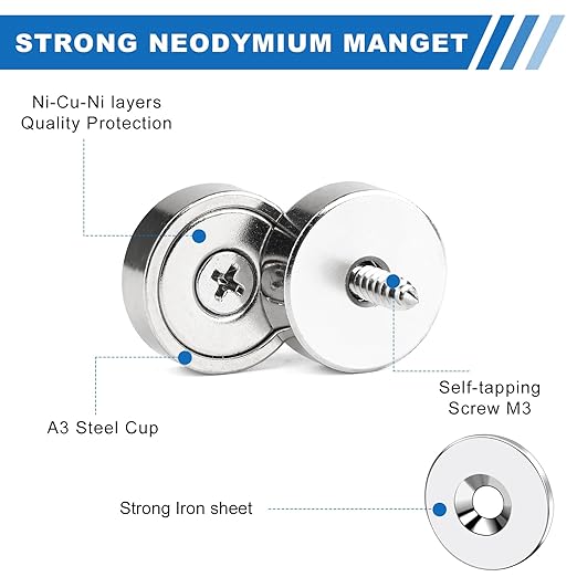 LOVIMAG 12pc Neodymium Rare Earth Magnets, Strong with Countersunk Hole & Iron Sheet, 20lbs Force Cabinet Magnets with Screws for Door & Mounting, 0.63x0.19inch
