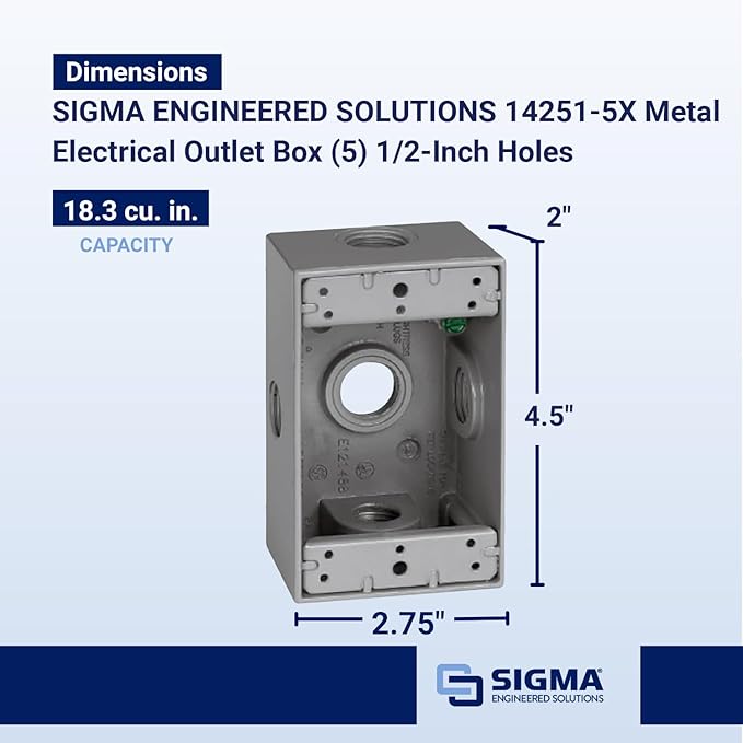 SIGMA ENGINEERED SOLUTIONS 14251-5X Metal Electrical Outlet Box, Weatherproof, Easy Mount Plug and Receptacle Protector, Gray, (5) 1/2-Inch Holes, 1 Gang Box with Side Entry