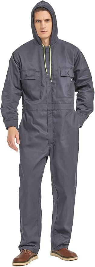 Mens Cotton Blend Long Sleeve Coverall Multi Pockets Zip Overall Mechanic Work Jumpsuit with Hood