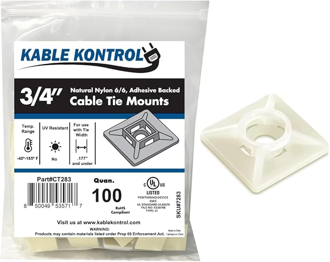 Kable Kontrol Zip Tie Mounts, 3/4” Sq, Natural White, 100 Pcs, Adhesive Backed Multi-Purpose Mounting Squares Nylon Cable Tie Wrap Anchor Pads for Cable Management