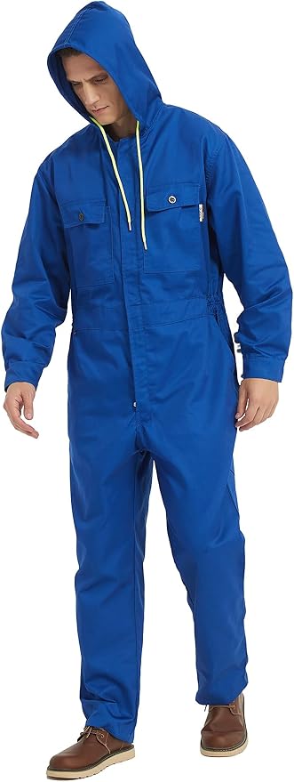 Mens Cotton Blend Long Sleeve Coverall Multi Pockets Zip Overall Mechanic Work Jumpsuit with Hood