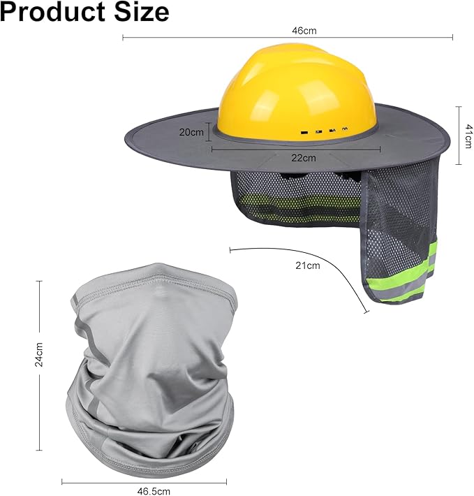 Hard Hat Sun Shade with Full Brim Visor, Shield Your Neck from Sun, Men's Construction Accessories for Hardhat Hats UV Sunshade Helmet Attachment with Reflective Strip, 2 pcs Set
