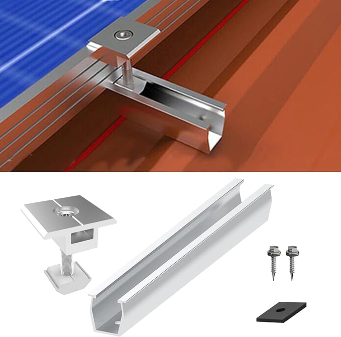 Solar Panel Roof Bracket Aluminium Solar Panel Mounting Rails Roof Rail Clamps PV Solar Mounting Rail Connector Installation Kit for Tin Roof, Flat Roof, Sheet Roof (6 x 200mm Rail + 6 x 30mm Clamp)