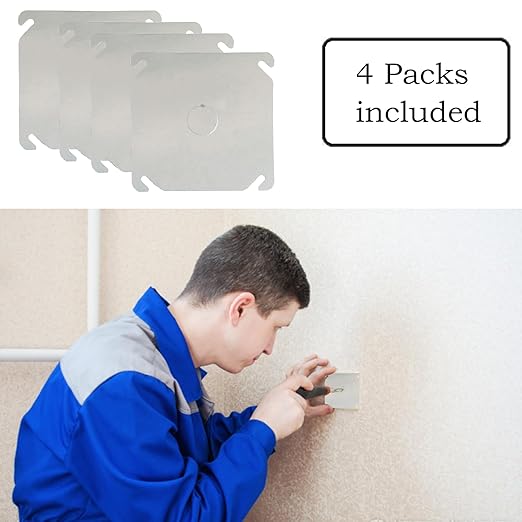 4 Packs Square Electrical Box Cover with 1/2 Inch Knockout, 4 Inch Metal Junction Box Covers, Flat Outlet Box Plate with Angled Mounting Slots for 4 inch Square Box