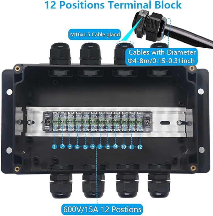 Project BoxI P67 Outdoor Waterproof box Electronic Junction Box with 15A 600V 12P Barrier Terminal 4IN/4Out Electrical Boxes 7.9x4.7x3inch