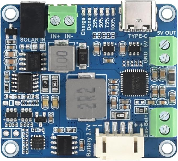 Waveshare Solar Power Manager Module (D), Solar Charge Controller USB, Supports 6V~24V Solar Panel and Type-C Power Adapter, 5V/3A Regulated Output, with Battery Holder (Batteries are Not Included)