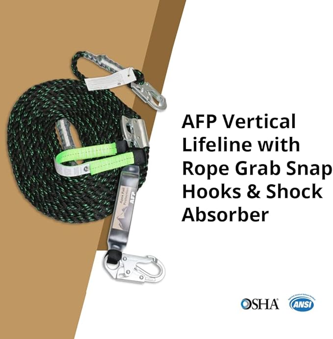 AFP 25 FT Vertical Lifeline Assembly w/Rope Grab Snap Hooks & Shock Absorber, ANSI & OSHA Rated Fall Protection Roofing Safety Equipment