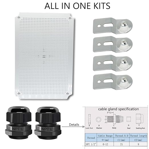 Junction Box, Hinged Cover Stainless Steel Latch IP67 Waterproof ABS Project Box with 2 Cable Glands, Electrical Box Enclosure with Mounting Plate & Wall Bracket 13.8 x 9.8 x 5.9inch