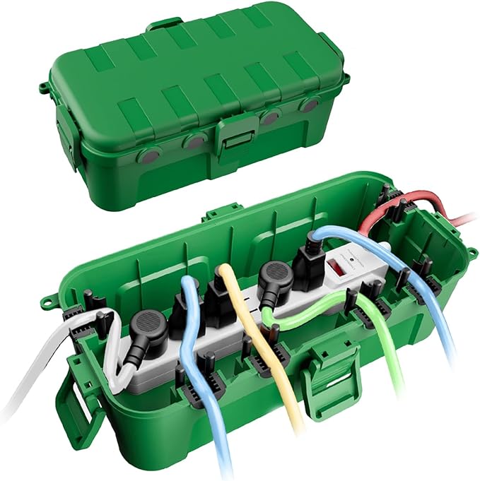 QUOBAS 2 Pack Outdoor Waterproof Electrical Box with 6 Cable Ports, IP54 Weatherproof Heavy-Duty Extension Cord Cover for Power Strips, Garden Power Tools, Holiday Lights, Green