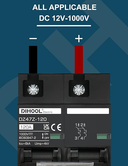 DIHOOL DC Circuit Breaker 120 Amp Solar Disconnect Switch 2P 1000V for PV, UPS, RV Battery,DIN Rail Mount
