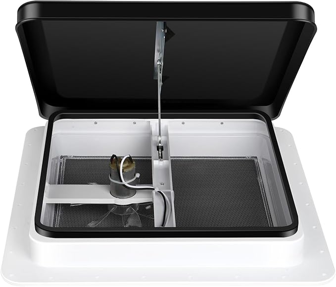 RV Roof Vent 12V Reversible FAN Kit 14" x 14" Manual Lift Black Lid