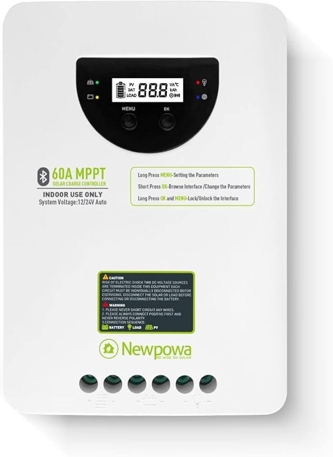 Newpowa MPPT 60A 12/24V Solar Charge Controller with LCD and Bluetooth for Solar Panel Control for Gel Sealed Flooded Lithium Battery