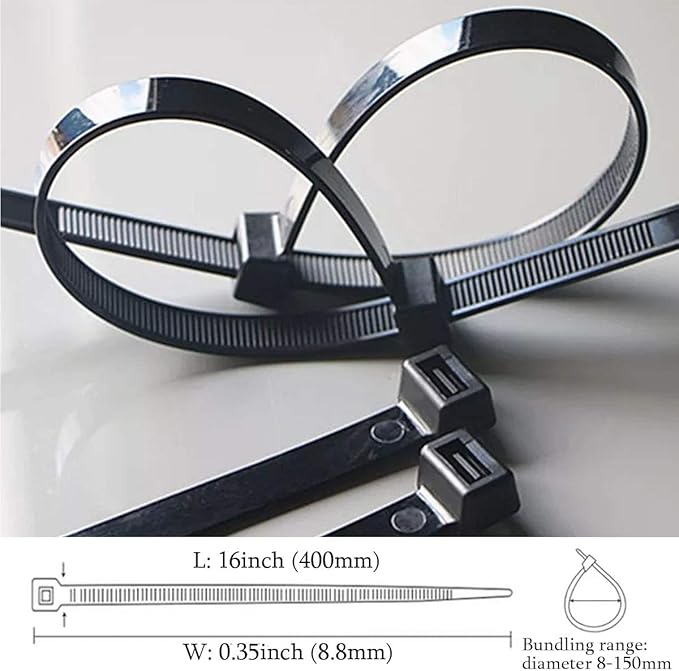 Zip Ties Heavy Duty 16inch 100 Pack, ECRAB Industrial Large Zip Cable Ties 175 Pounds Strong Nylon Self-Locking Outdoor Wire Ties Wraps - Black