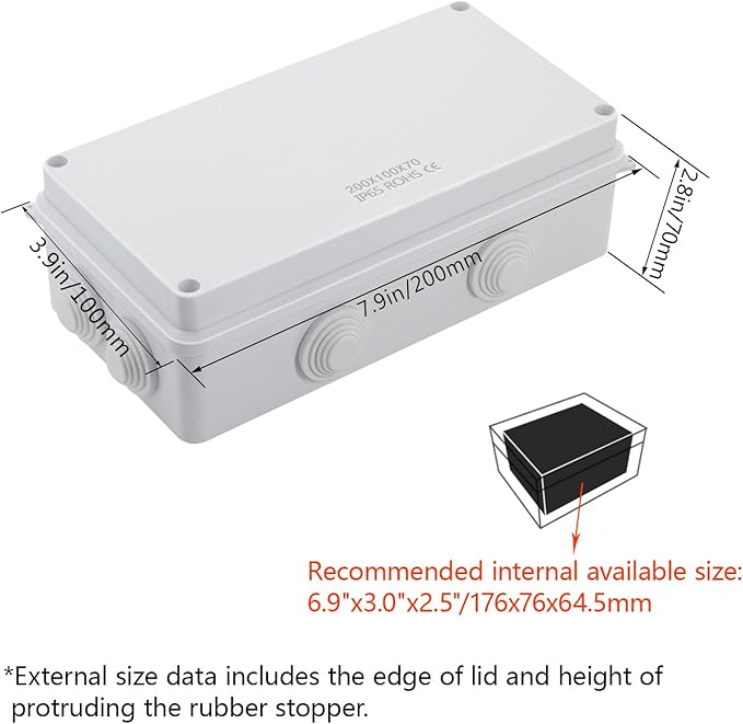 LeMotech ABS Plastic Dustproof Waterproof IP65 Junction Box Universal Electrical Project Enclosure White 7.9 x 3.9 x 2.8 inch (200 x 100 x 70 mm)