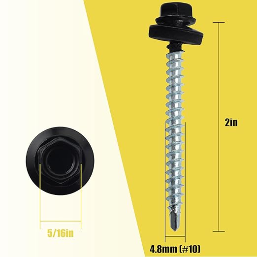 200pcs #10 x 2 Black Hex Head Self-Drilling Metal Roofing Screws, EPDM Washer, Colored Head, Wood Screws, Sheet Metal Roof Screw with Hex Driver Bit (Black, 2 in)