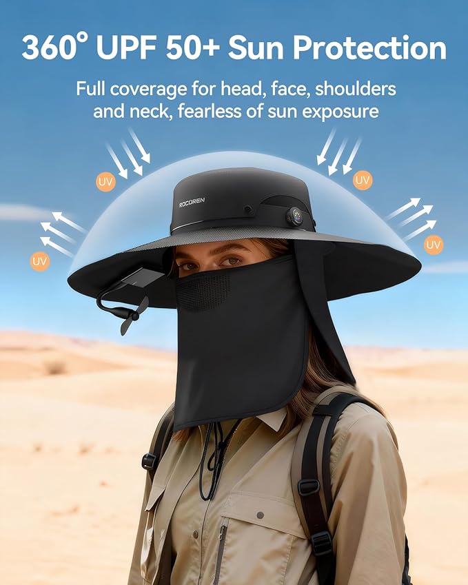 Solar Powered Fan Hat, UPF 50+ Wide Brim Sun Hat, Dual USB-A/USB-C Ports, Fishing Hat with Face Cover, Foldable Fan Hats for Men Women for Outdoor, Hiking, Travel, Mountain Climbing Black