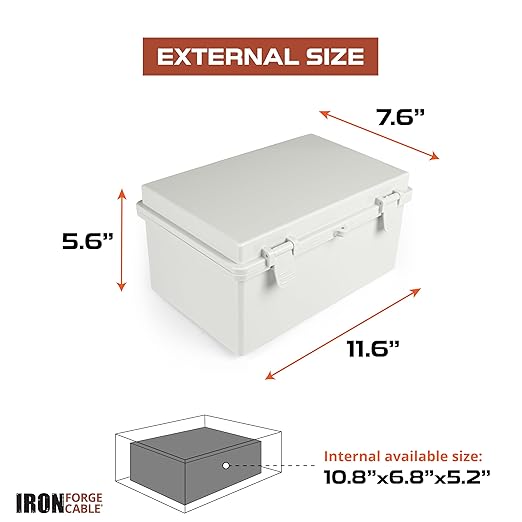 Iron Forge Cable Outdoor Junction Box with Mounting Plate & Complete Accessories - 11.6 x 7.6 x 5.6 in, Dustproof Waterproof Universal Hinged Enclosure Light Gray