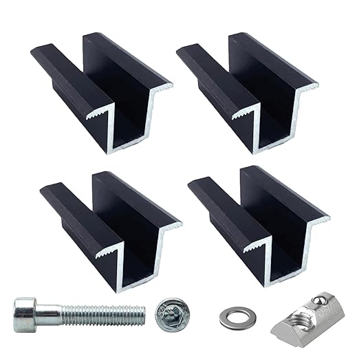 Centre clamp mount for solar panels, PV solar panel, including screws, set, 4 x centre clamps, black, eloxide, 30 mm