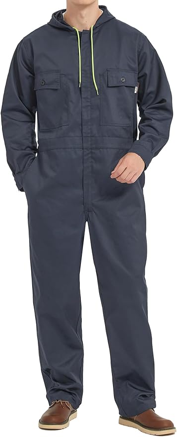 Mens Cotton Blend Long Sleeve Coverall Multi Pockets Zip Overall Mechanic Work Jumpsuit with Hood